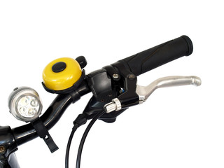 close up bicycle grip handlebar with brake lever, yellow ring bell and led light isolated on white background