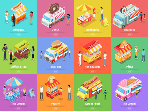 Street Food Stores Isometric Vector Banners