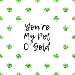Saint Patricks Day greeting card with sparkled green clover leaves and text