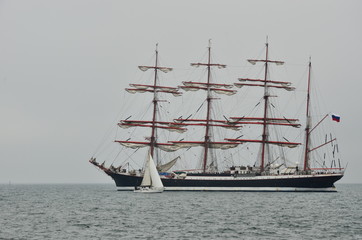 Old vessels participate in regatta "Tall Ships", goes out of a port Varna in foggy weather