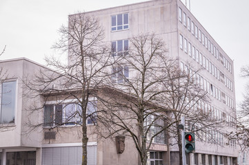 Exterior of building with bare tree
