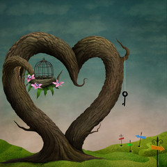 Bizarrely magical tree in  shape of  heart the story of Wonderland. 
