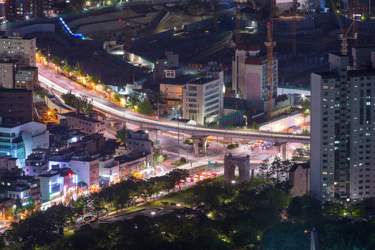 Seoul city with crossroad at night, South korea.