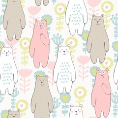 Vector seamless pattern with bear and flowers