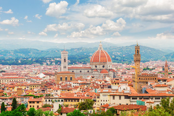 Fototapeta premium cityscape with cathedral church Santa Maria del Fiore and Palazzo Vecchio, Florence, Italy