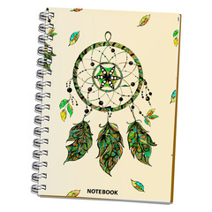 Vector illustration of realistic notebook. Closed notebook with a spiral mount. The cover Dreamcatcher.