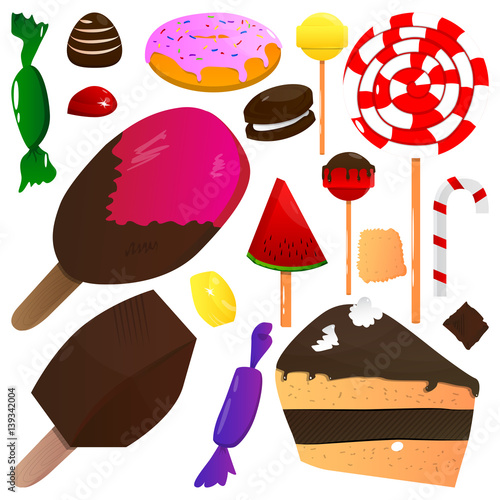 "Vector illustrated cartoon set of sweets on white background." Stock