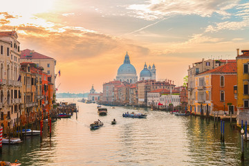 Grand canal and Basilica Santa Maria della Salute, Venice in sunrise light, Italy