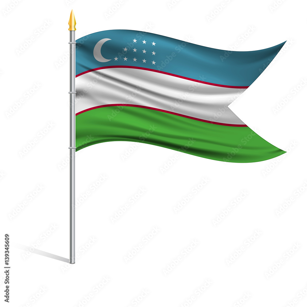 Sticker the national flag of uzbekistan on a pole. the wavy fabric. the sign and symbol of the country. real