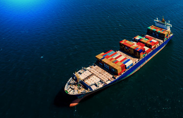 Fototapeta premium container ship in import export and business logistic.By crane ,Trade Port , Shipping.cargo to harbor.Aerial view.Top view.