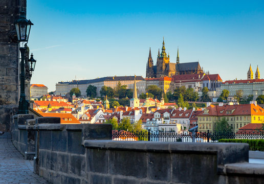 View of Prague castle from Charles Bridge on morning