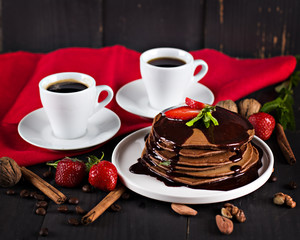  coffee and Pancake with strawberries