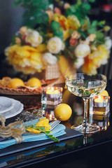 Table place setting with holidays decoration.