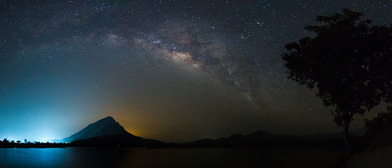 Panorama Milky way above reservoir 