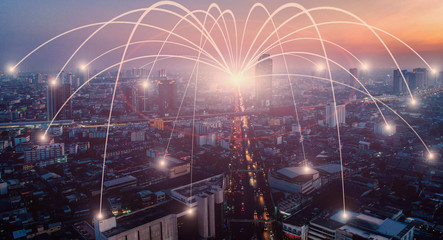 Business networking connection concept and Wi-Fi in city. Technology communication, The wireless communication , High Speed Internet , Optical fiber , Background blur building in the capital