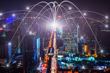 Fototapeta na wymiar Business networking connection concept and Wi-Fi in city. Technology communication, The wireless communication , High Speed Internet , Optical fiber , Background blur building in the capital