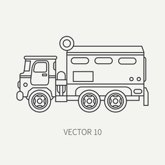 Line flat plain vector icon armored wagon army truck. Military vehicle. Cartoon vintage style. Autonomous mobile command post. Tractor unit. Tow auto. Simple. Illustration and element for your design.