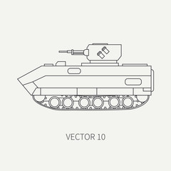 Line flat plain vector icon infantry assault armored army truck. Military amphibious vehicle. Cartoon vintage style. Soldiers. Tractor unit. Tow auto. Simple. Illustration and element for your design.