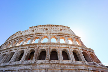 ruins of Colosseum, close up details of facade, sunny day in Rome Italy