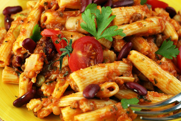 chilli con carne and penne with tomato kidney beans