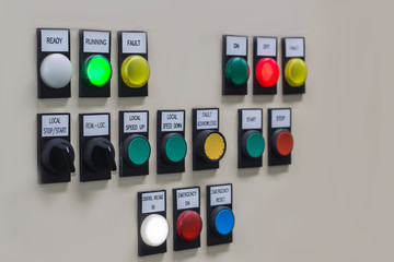 Technical display on control panel with electrical equipment devices cabinet,light