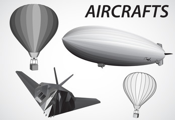 Naklejka premium Aircraft. Airship, Stealth and Hot Air Balloon. Vector illustration