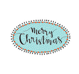 Merry Christmas lettering. Season vector holiday calligraphy design. Handwritten text - Merry Christmas in the winter frame.