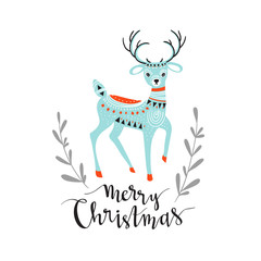 Merry Christmas - winter card with stylish lettering and cute deer.  Vector greeting card.