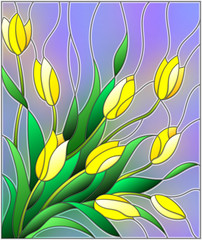 Illustration in stained glass style with a bouquet of yellow tulipson a purple background