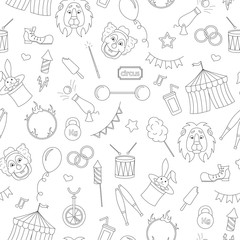 Seamless pattern on the theme of circus, simple contour icons, black contour on white background