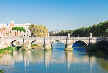 famous bridge of Angels with river Tiber , Rome, Italy