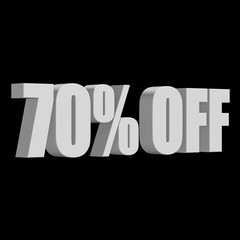 70 percent off letters on black background. 3d render isolated.
