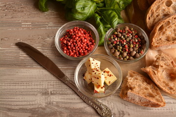 Italian background with bread, tomatoes, basil and spices