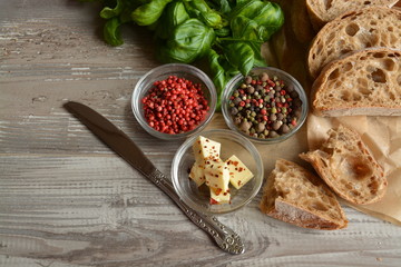 Italian background with bread, tomatoes, basil and spices