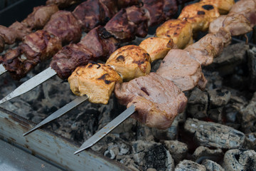Skewers of pork and chicken on the skewer over glowing coals