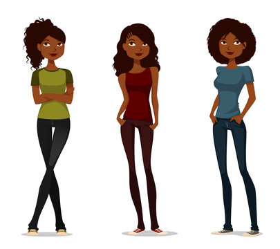 cute cartoon African American girls in casual clothes