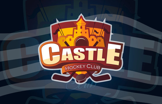 Hockey icon Castle logo, emblem pattern. Colorful hockey tournament stickers on shield with two crossed sticks. Vector isolated sports illustration design