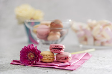 Yellow and pink macaroons french sweets on a pink serviette with chrysanthemum fuhsia flower and a  bouquet in turquoise vase and  colorful sweets and marshmallows in a glass bowl in the background.