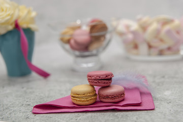 Yellow and pink macaroons french sweets on a pink serviette with chrysanthemum fuhsia flower and a  bouquet in turquoise vase and  colorful sweets and marshmallows in a glass bowl in the background.