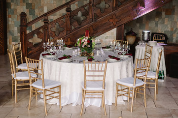 Wedding white table and chairs in the castle of love
