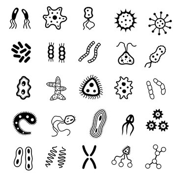 Set of bacteria and virus icons. Icons of harmful bacteria, fungus and other vermin. Vector illustration.