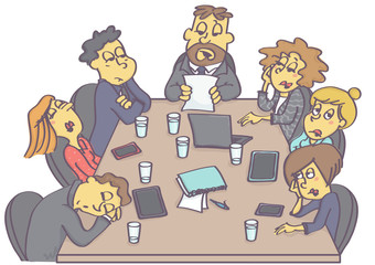 Exhausting business meeting with sleepy employees and boring manager or boss.