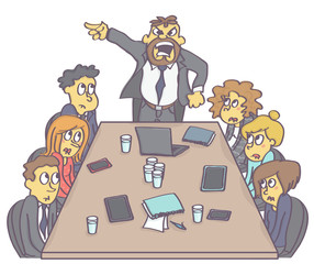 Business meeting with frightened employees and aggressive manager or boss.