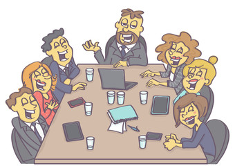 Casual business meeting with relaxed, laughing employees and amusing boss or manager.