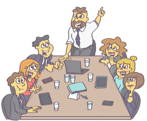 Motivating business meeting with manager or boss encouraging employees.