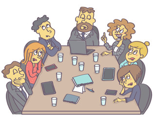 Business meeting with woman employee having a suggestion while coworkers are making fun of her.