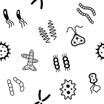 Seamless background of bacteria microbe virus microorganism icons. Icons of harmful bacteria, fungus and other vermins. Vector illustration.