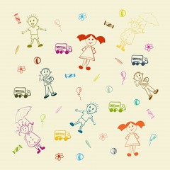 Cheerful bright and fun children's background with children and toys