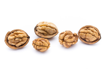 Walnut and walnut kernel isolated on the white background.