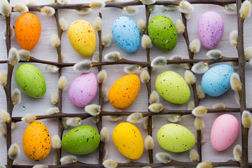 Easter and spring decoration, catkins and eggs.